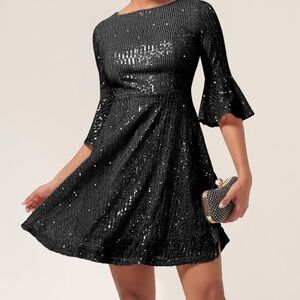 Homrain Black Sequin Bell Sleeve Fit Flare Dress 3XL Great Condition